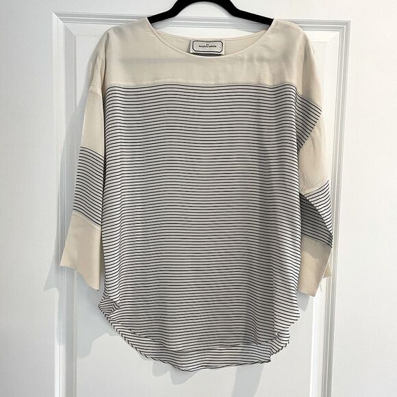 EUC By Malene Birger Silk Top Cream with Navy Stripes Sz. F 36 US Medium - Picture 1 of 5
